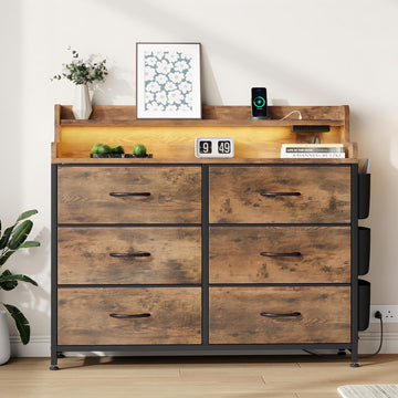 LainTene Dresser for Bedroom, 6 Drawer Dresser with LED Lights and Charging Station, Wide Chest of 6 Drawers with Open Space, Modern Large Capacity Storage Cabinet, Living Room, Hallway