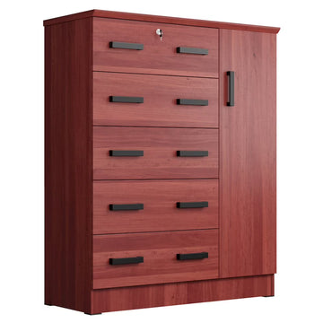 Better Home Products JCF Sofie 5 Drawer Wooden Tall Chest Wardrobe in Mahogany