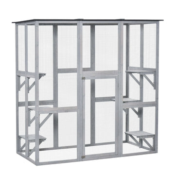 PawHut Wooden Catio Enclosure with Weather Protection, 6 Platforms, Outdoor, Large, 71" x 38.5" x 71"
