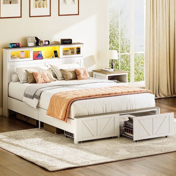 Full Size Bed Frame with Headboard, Full Bed Frame with Charging Station, LED Beds with 2 Storage Drawers,  Wood Farmhouse Bedframe, White