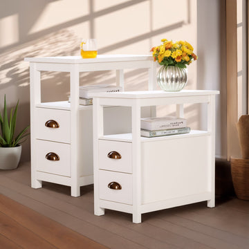 Alpha Joy Narrow End Table 4-Tier Small Side Table with 2 Drawers Nightstand Side Table Bedside Table Sofa Table, White, 2PCs