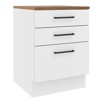 Madesa Hazel Kitchen Storage Base Cabinet with 3 Drawers 23 Inch Wide Engineered Wood Painted Finish Floor Mount Removable Plinth - White