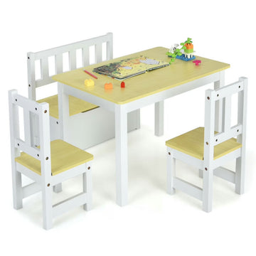 Kadyn Children Kids Table Chair Set,Children Playroom Table Chair Set,4 Pieces Kids Wooden Activity Table and Chairs Set with Storage Bench and Study Desk-Natural