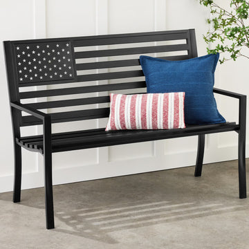 Best Choice Products Indoor Outdoor Steel Garden Bench w/ American Flag Backrest, 790lb Capacity - Black