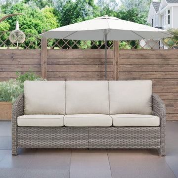 3-Seat Patio Wicker Sofa Outdoor Rattan Couch Furniture Steel Frame with Beige cushion&Waterproof Cover, Gray