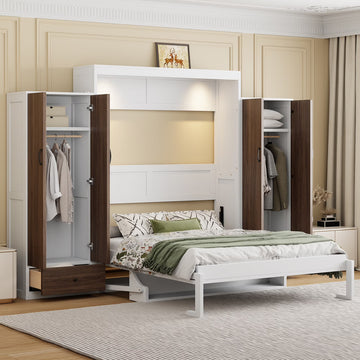 Full Size Murphy Bed Wall Bed with Closet ,Drawers and Table,White