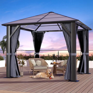 GARTOO 10' x 10' Hardtop Gazebo, Outdoor Polycarbonate Roof Gazebo with Steel Frame, Permanent Pavilion with Netting& Curtains