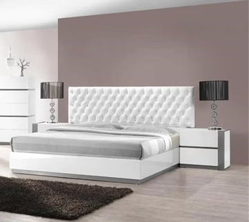3-Piece Modern Bedroom Furniture Set, California King Platform Bed with 2x Nightstand, White Lacquer Finish