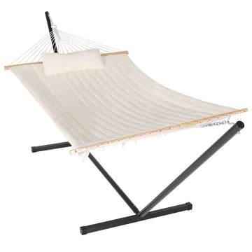 VEIKOUS 2-Person Hammock w/Metal Stand, Detachable Pad & Pillow 450lbs Weight Capacity, White