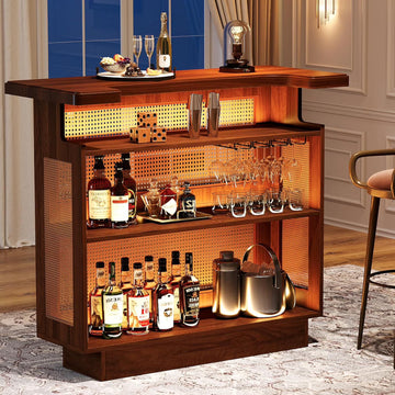 Tribesigns Rattan Home Bar Unit, Farmhouse 4-Tier Bar Table with 4 Stemware Racks and Heightened Base