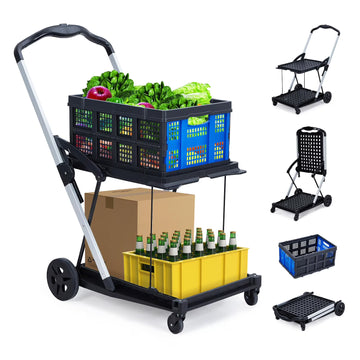 Collapsible Utility Cart, Multi Use Functional Collapsible Shopping Carts, 2-Tier Collapsible Shopping Cart with Storage Crates, Heavy Duty Utility Cart Folding Trolley for Shopping, Picnic and Office