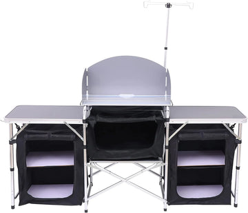 C Camping Kitchen Table, Folding Table, Upgrade Light Stand and Windshield Cooking Station & 3 Organizers, Carry Bag for Outdoor, Beach, BBQ, Picnic, Cooking, Indoor, Office
