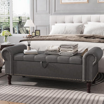 YOUDENOVA Storage Ottoman Bench for Bedroom 51" Queen Leather Storage Bench with Button, Upholstered Bedroom Bench with Rolled Arms for Living Room, Storage Room, Entryway, Gray