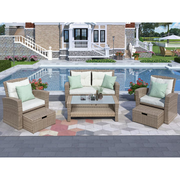 Harper & Bright Designs 4 Pieces Patio Wicker Chair with Ottoman and Coffee Table, Outdoor Rattan Loveseat Sectional Sofa Furniture Set for Garden, Beige Cushions