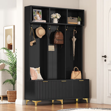 Euroco Modern Hall Tree with High Gloss Fluted Doors, Gold Accents, Shoe Storage & Bench a Entryway Organizer with Cubbies and Coat Hooks