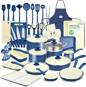 54-Piece Kitchen Cookware Set C Complete Non-Stick Ceramic Pots and Pans Set with Utensils, Bakeware, and Knife Set, Gas, Electric & Induction Compatible, Blush Pink Kitchen Essentials
