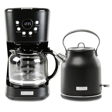 Haden Coffee Maker & Heritage 1.7 Liter Electric Kettle, Black & Chrome