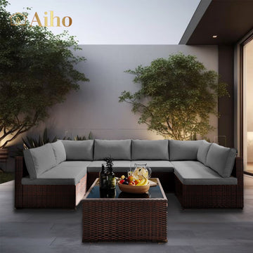 Aiho 7-Piece Rattan Patio Furniture Set , Outdoor Sectional Furniture Set for Patio, Garden, Backyard, Grey